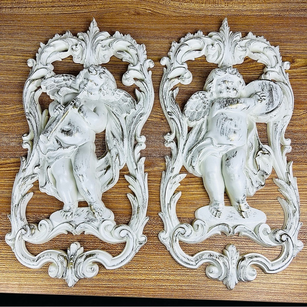 Vintage 18” Long Cherub Wall Plaques White Distressed Rococo Style Pair